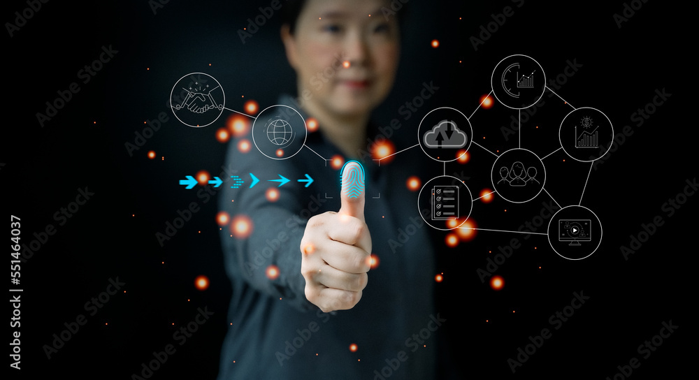 Poster futuristic digital processing biometric identification fingerprint scanner to access personal financ