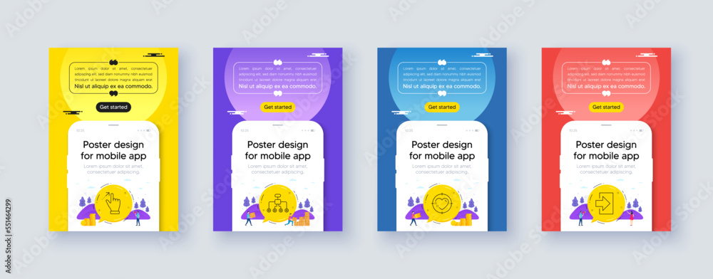 Poster simple set of restructuring, heart target and touchscreen gesture line icons. poster offer design wi