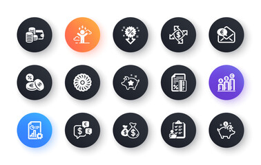 Minimal set of Payment exchange, Checklist and Fan engine flat icons for web development. Currency exchange, Graph chart, Credit card icons. Money currency, Report, Euro money web elements. Vector