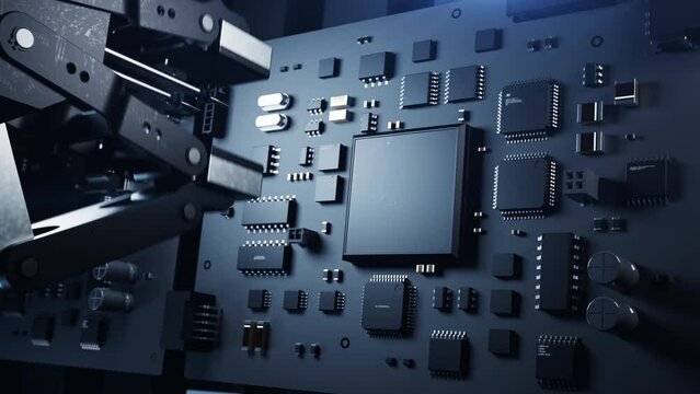 a robotic arm inserts a CPU onto a printed circuit board. animation on the subject of microelectronics manufacturing, video has loop