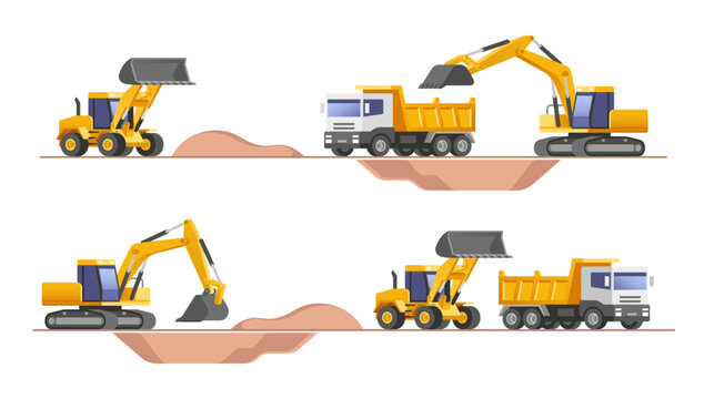 Set of building machines. Construction equipment and machinery - excavator, truck, loader. Vector illustrations.