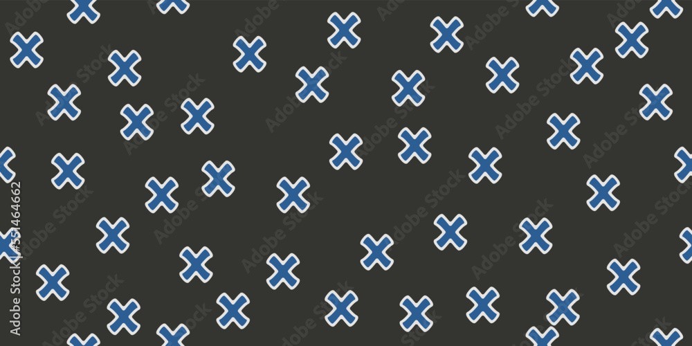 Poster Blue crosses scattered across the canvas. Seamless vector pattern with crosses. For seamless print, interior and decor.