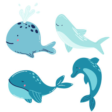 Set of marine mammals blue whales, sharks, sperm whales, dolphins, beluga whales, narwhal killer whales. Cartoon vector graphics