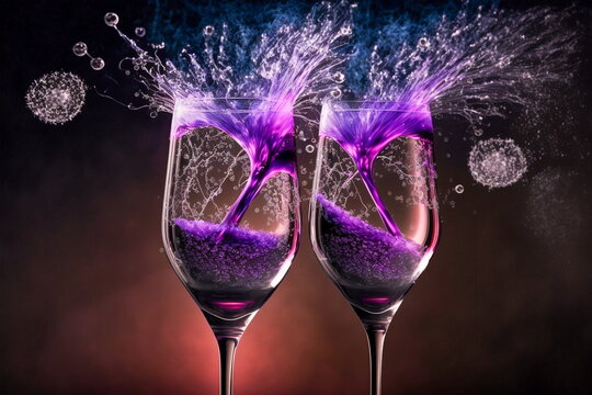 Champagne glasses purple with fireworks
