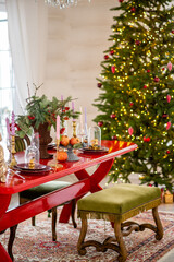 large table decorated for Christmas and New Year