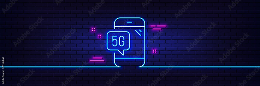 Poster neon light glow effect. 5g technology phone line icon. wifi wireless network sign. mobile data trans