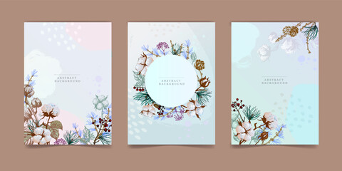 set of vector background illustrations with winter plants for social networks, wallpaper banners, covers, templates
