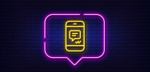 Neon light speech bubble. Phone Message line icon. Mobile chat sign. Conversation or SMS symbol. Neon light background. Message glow line. Brick wall banner. Vector