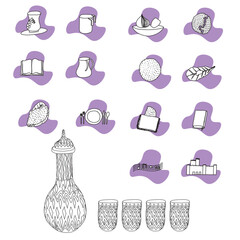 Vector icon set. 15 steps of Seder Pesach table. The Jewish holiday of freedom.
A crystal wine bottle and four glasses. Manual illustration. isolated