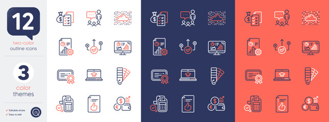 Set of Analytics graph, Palette and Cloud system line icons. Include Currency rate, Correct way, Report icons. Accounting wealth, Website education, Approved document web elements. Vector - obrazy, fototapety, plakaty