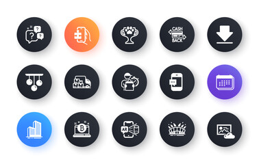 Minimal set of Downloading, Question bubbles and Bitcoin flat icons for web development. Ceiling lamp, Puzzle game, Augmented reality icons. Calendar, Skyscraper buildings. Vector