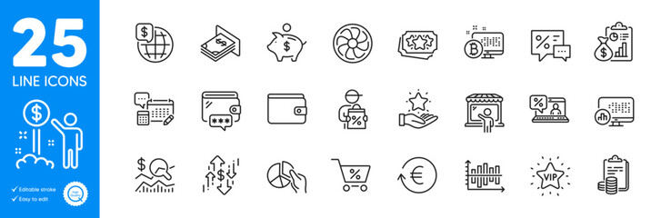 Outline icons set. Atm money, Wallet and Income money icons. Fan engine, Delivery discount, Piggy bank web elements. Market seller, Loyalty points, Discounts signs. Accounting. Vector