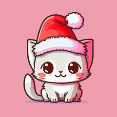 Cartoon, cute, white Christmas cat sticker. Merry Christmas. Vector illustration.