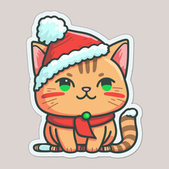 Cartoon, cute, white Christmas cat sticker. Merry Christmas. Vector illustration.