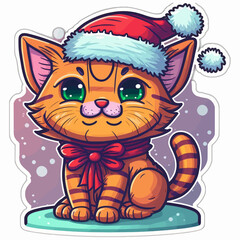 Cartoon, cute, white Christmas cat sticker. Merry Christmas. Vector illustration.