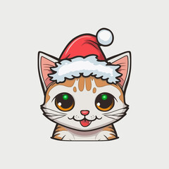 Cartoon, cute, white Christmas cat sticker. Merry Christmas. Vector illustration.