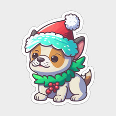 Cartoon, cute, white Christmas cat sticker. Merry Christmas. Vector illustration.