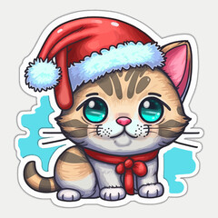 Cartoon, cute, white Christmas cat sticker. Merry Christmas. Vector illustration.