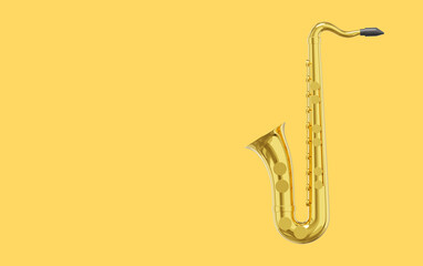 Obraz na płótnie Canvas Saxophone gold metal, musical instrument. 3d rendering. Icon on yellow background, space for text.