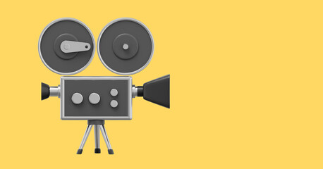 Vintage black cartoon style movie camera. Funny retro video camera. 3D rendering. Icon on yellow background, text space.