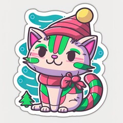 Obraz na płótnie Canvas Cartoon, cute, white Christmas cat sticker. Merry Christmas. Vector illustration.