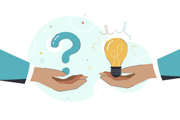 Question and answer, solving problem, business solution, ask for  idea to solve difficulty and trouble, FAQ concept, businessman hand holding question mark with other reply with light bulb.