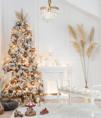 Luxury living room interior with armchair and decorated Christmas tree with gifts