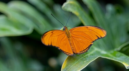 Macro shot of a bright orange Julia butterfly sitting on a green plant on an isolated background