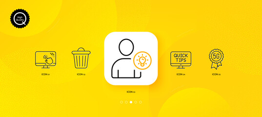 5g technology, Touch screen and Trash bin minimal line icons. Yellow abstract background. Web tutorials, User idea icons. For web, application, printing. Quality wi-fi, Web support, Garbage. Vector