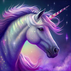 Fototapeta na wymiar Glowing Blue and Pink Unicorn Side Profile