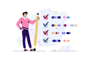 Getting things done, completed tasks or business accomplishment, finished checklist, achievement or project progression concept, businessman expert holding pencil tick all completed task checkbox.