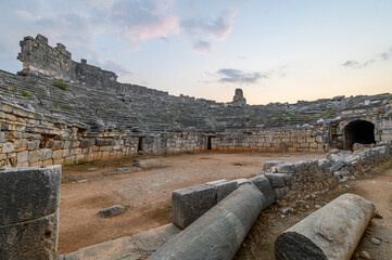 Xanthos Ancient City. Grave monument and the ruins of ancient city of Xanthos - Letoon in Kas, Antalya, Turkey at sunset. Capital of Lycia.