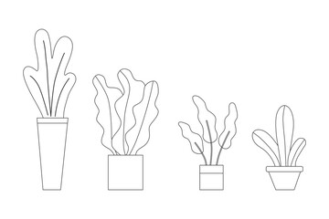 Potted plants collection sorted in order big to small by black thin line set collection illustration.