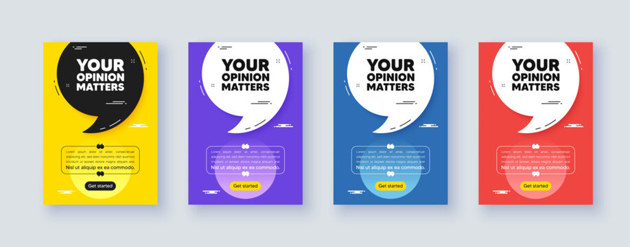 Poster frame with quote, comma. Your opinion matters tag. Survey or feedback sign. Client comment. Quotation offer bubble. Opinion matters message. Vector