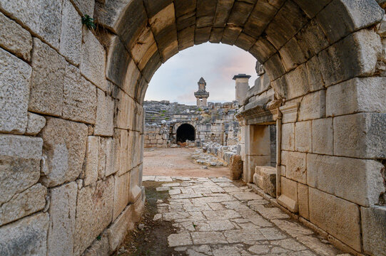 Xanthos Ancient City. Grave monument and the ruins of ancient city of Xanthos - Letoon in Kas, Antalya, Turkey at sunset. Capital of Lycia.