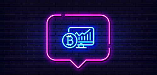 Neon light speech bubble. Bitcoin graph line icon. Cryptocurrency analytics sign. Crypto money statistics symbol. Neon light background. Bitcoin chart glow line. Brick wall banner. Vector