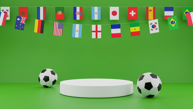3D Render Soccer podium with country pennants on green background. Product display stage