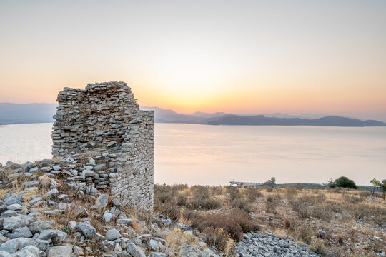 View from Lerna Castro ruins during the sunrise, Greece