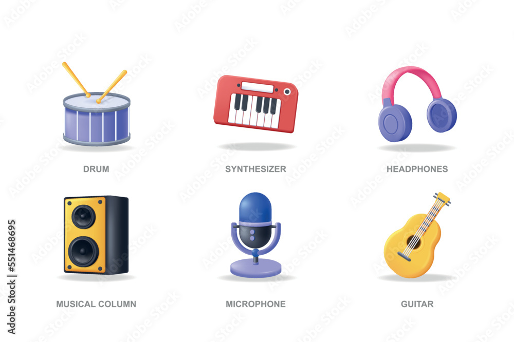Poster music instruments 3d icons set in modern design. pack isolated elements