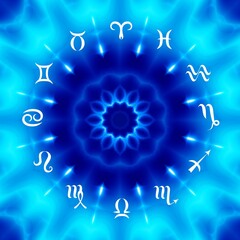 Magic circle with zodiacs sign on abstrac blue background.