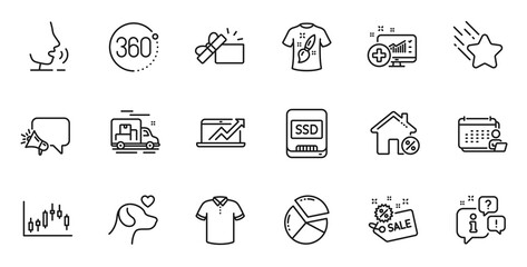 Outline set of Ssd, Opened gift and Pie chart line icons for web application. Talk, information, delivery truck outline icon. Include Sale, 360 degrees, T-shirt icons. Vector