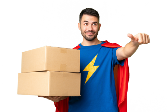 Super Hero delivery caucasian man over isolated chroma key background giving a thumbs up gesture