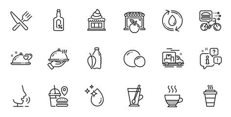Outline set of Refill water, Market and Water bottle line icons for web application. Talk, information, delivery truck outline icon. Include Food delivery, Alcohol free, Peas icons. Vector