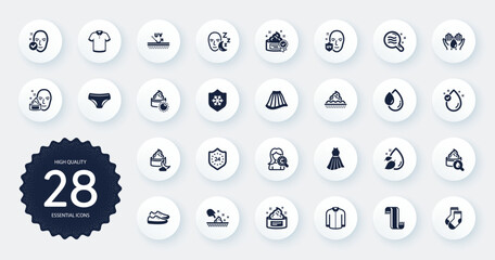 Set of Beauty icons, such as Health skin, Wash hands and T-shirt flat icons. Scarf, Water drop, Clean skin web elements. Dress, 24 hours, Moisturizing cream signs. Shoes, Skirt, Oil drop. Vector