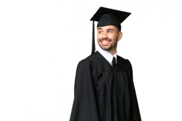 Young university graduate man over isolated chroma key background with arms crossed and happy