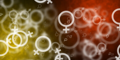 Abstract yellow and coral orange background with flying male and female symbols