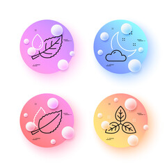 Fair trade, Leaf dew and Night weather minimal line icons. 3d spheres or balls buttons. Mint leaves icons. For web, application, printing. Leaf, Water drop, Sleep. Mentha herbal. Vector