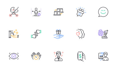 Smile, Outsource work and Money app line icons for website, printing. Collection of Biometric eye, Social distance, Loyalty program icons. Presentation, Fingerprint research. Vector