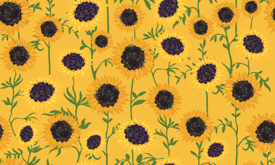 Sunflower seamless pattern. Hand drawn ditsy floral print. Sunflower flowers on a bright yellow background. Rustic chic, modern vintage design. Vector sunny yellow flowers texture background.