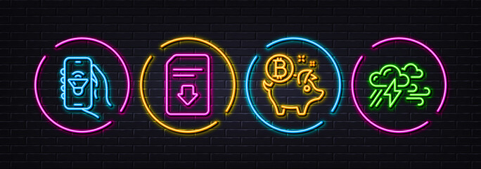 Music app, Bitcoin coin and Download file minimal line icons. Neon laser 3d lights. Bad weather icons. For web, application, printing. Smartphone sound, Piggy bank, Load document. Clouds. Vector